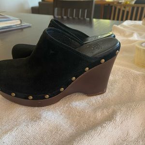 Black suede UGG clogs. Fur on bottom for toes.